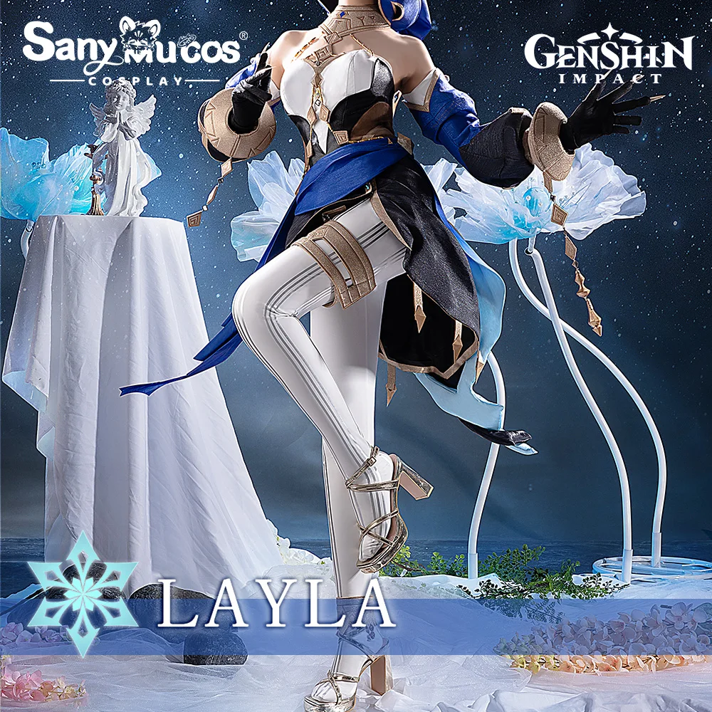 

【48H To Ship】SanyMuCos Genshin Impact Layla Cosplay Costume Top And Apron Suit Sumeru Layla Wig Short Dress Halloween Set