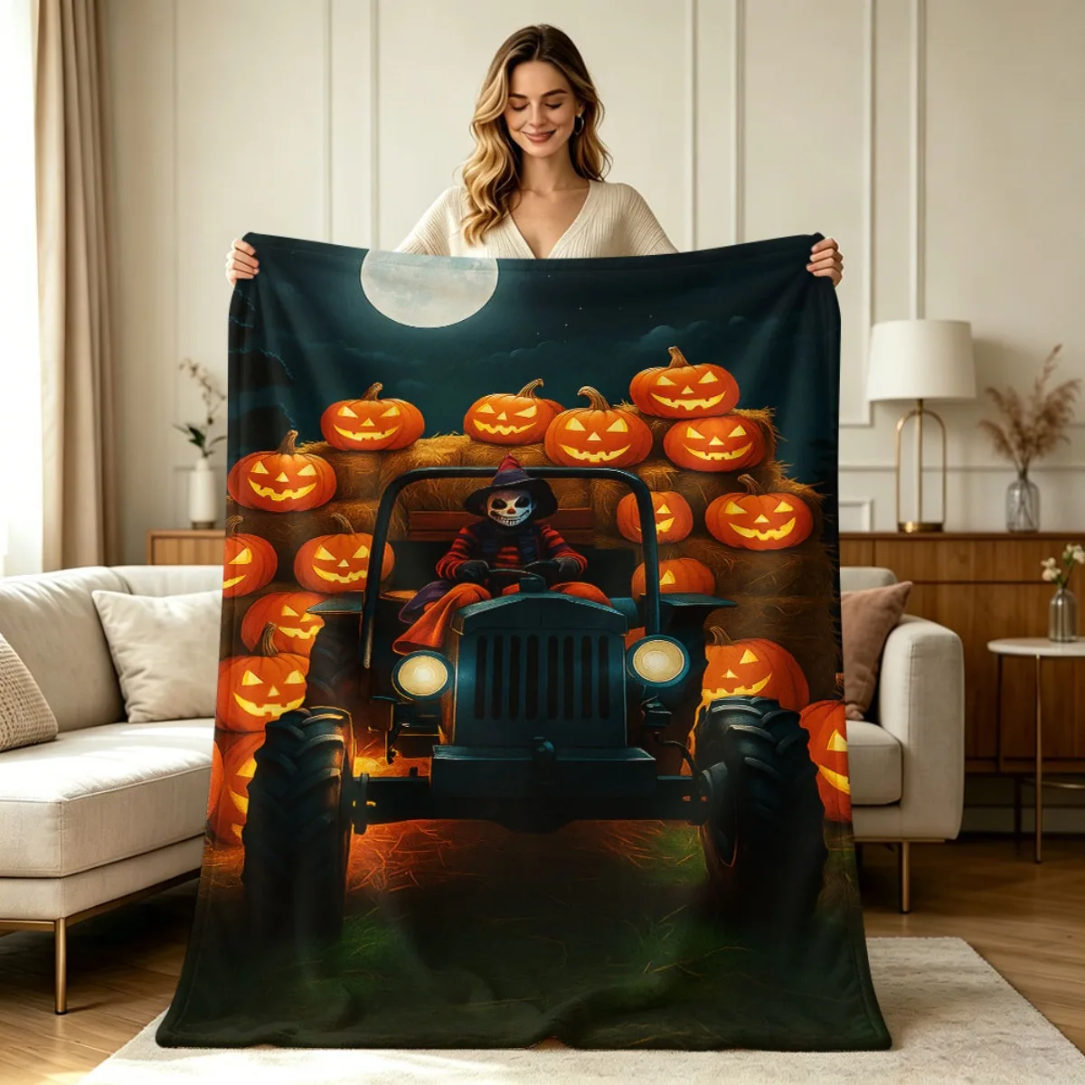 Spooky Halloween Pumpkin Patch Jeep Costume Blanket Throw Cozy Fall Autumn Decor Gift