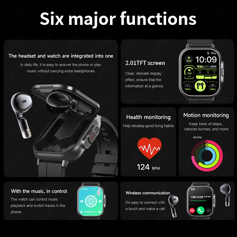 New TWS 2 in 1 BT Call Bluetooth Headphones Watches 2.01