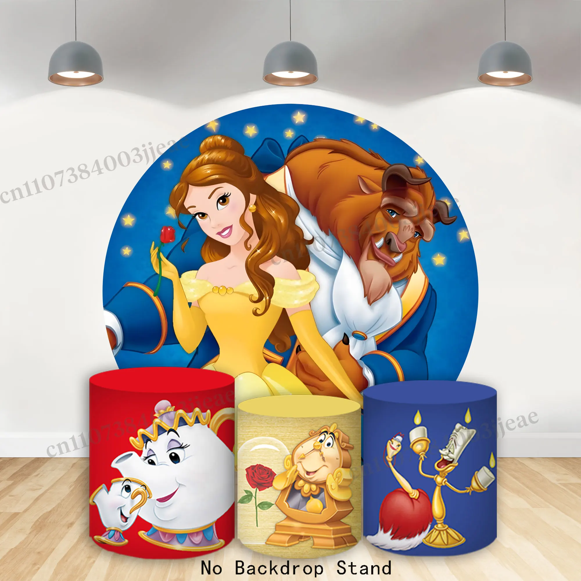 

Круглый фон с изображением Красавицы и Чудовища для дня рождения девочек, декор с принцессой Белль, фон для фотосессии, цилиндрический чехол, баннер для детского праздника