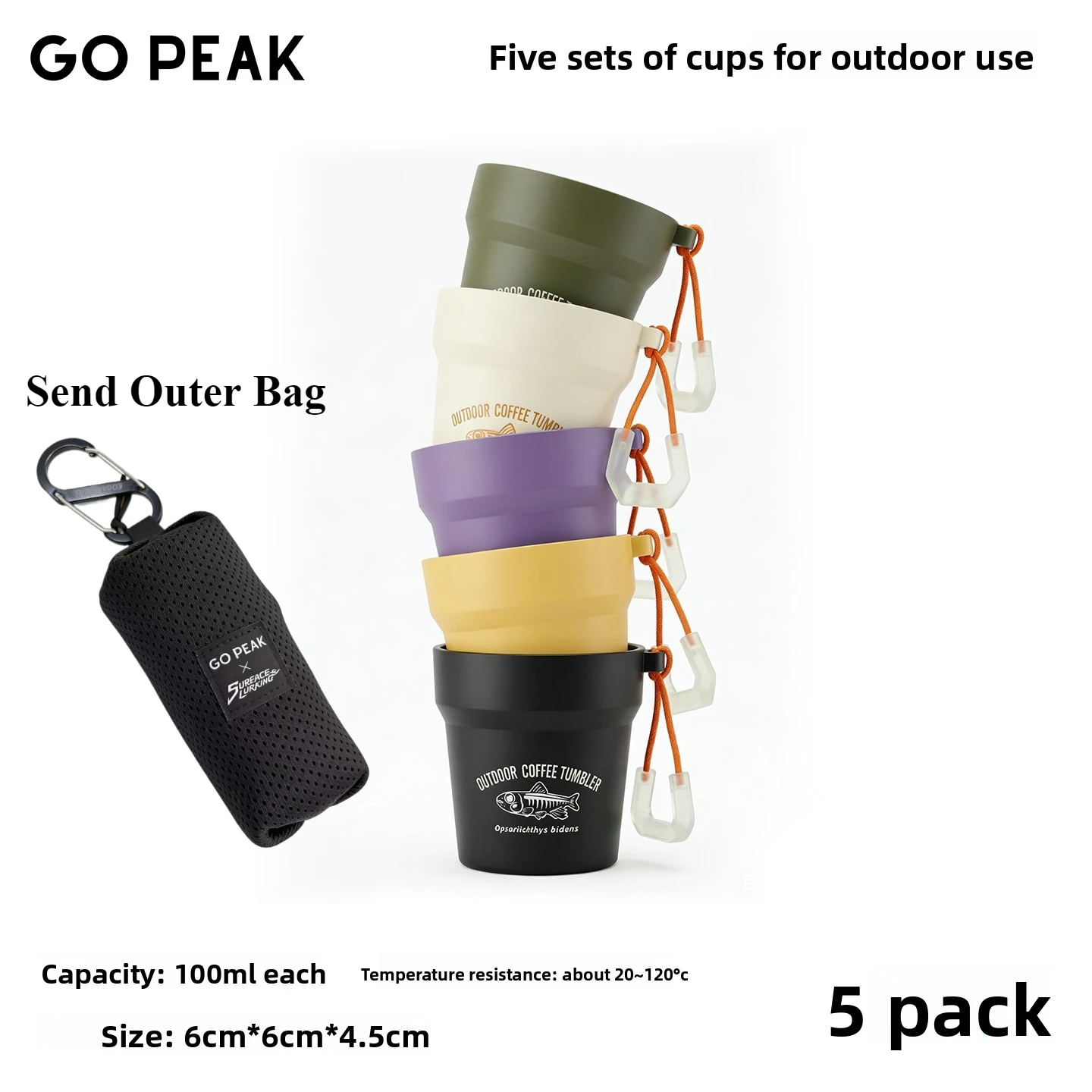 GO PEAK Neues 5-teiliges Begleitbecher-Set für Outdoor-Camping, Wasserbecher, Picknick-Kaffeebecher, tragbares Becher-Set in Lebensmittelqualität, Köderbecher