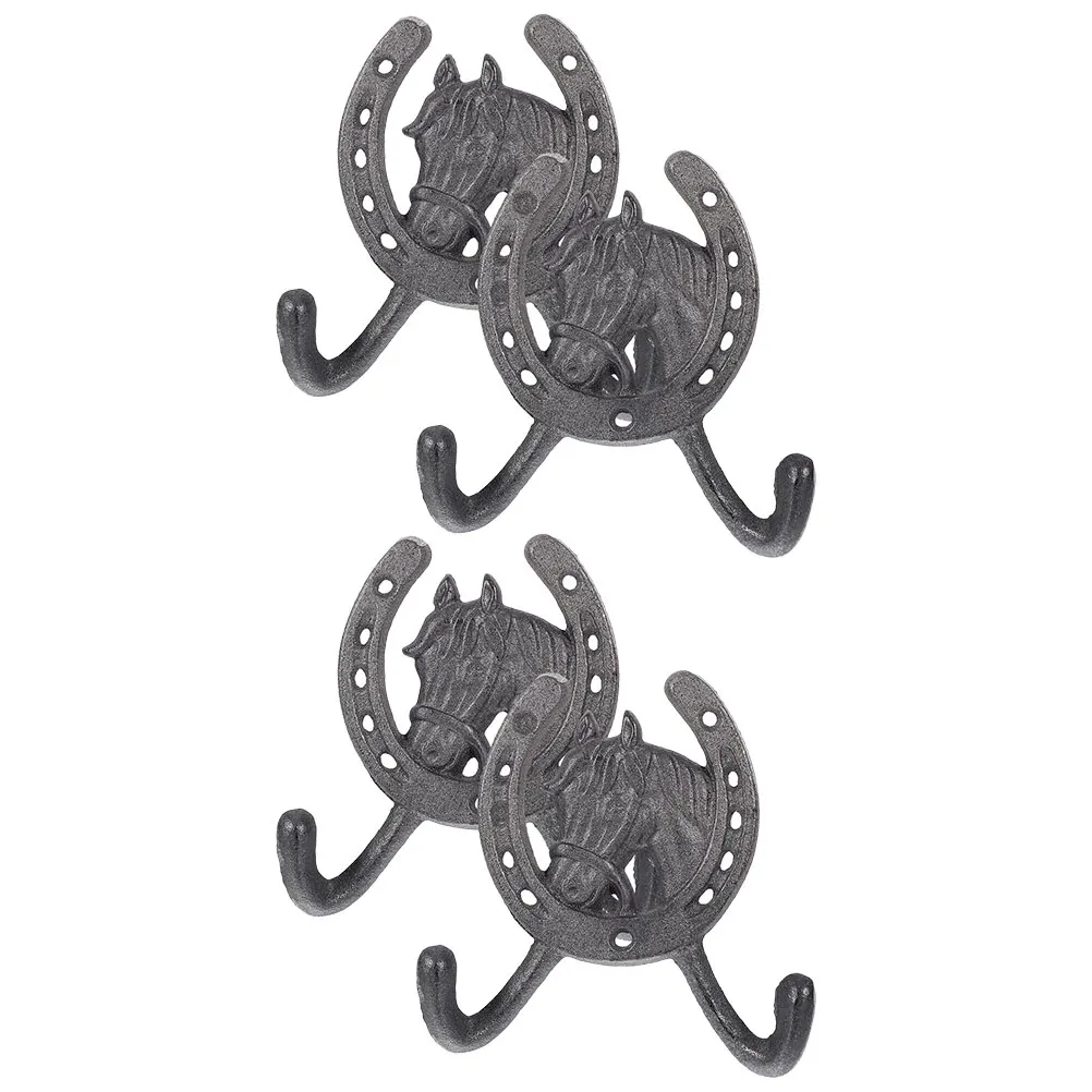 

4pcs Horseshoe Hooks Cast Iron Wall Mounted Heavy Duty Black Metal Farmhouse Decorative Storage Hat Hooks Long Hook Body Retro
