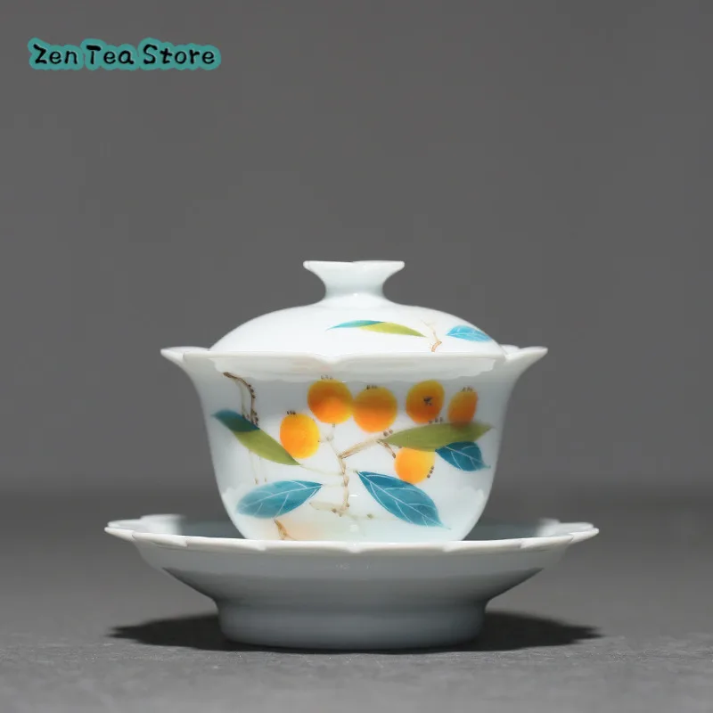 Hand-painted Loquat Three Cover Bowl Under Celadon Glaze Color Kung Fu Tea Set Tea Bowl