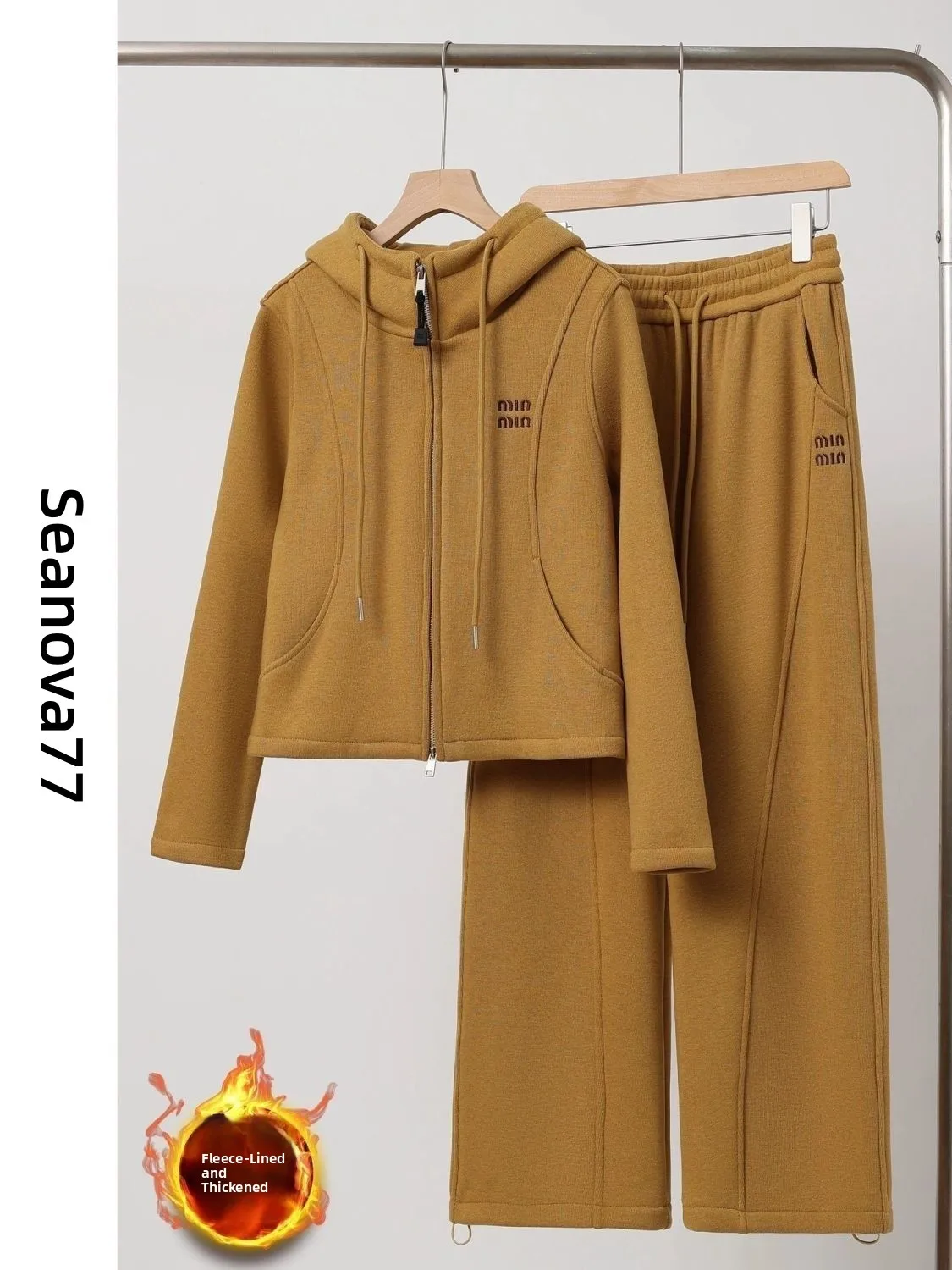 

Thickened Fleece Hoodie And Wide Leg Pants Two Piece Set Casual Sports Women's Winter Clothes Outlet High Waist Zipper High Q...
