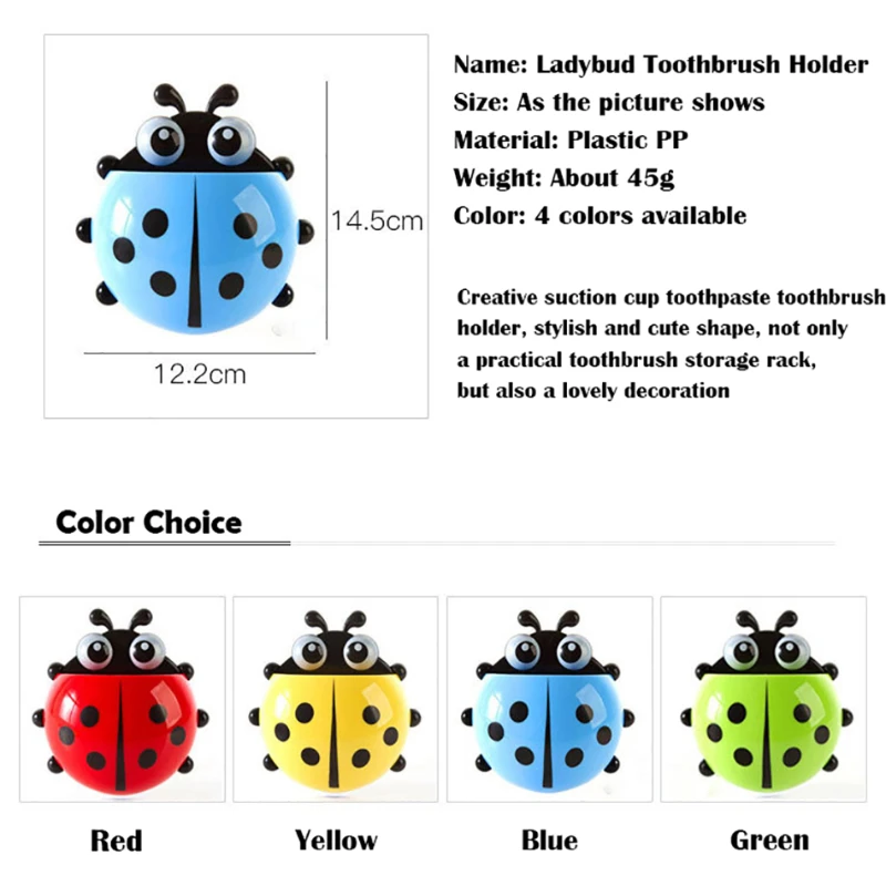4-colours Cute Ladybug Toothbrush Holder Wall Suction Home Storage Rack Shelves Kids Bathroom Accessories Shelves Suction Cup