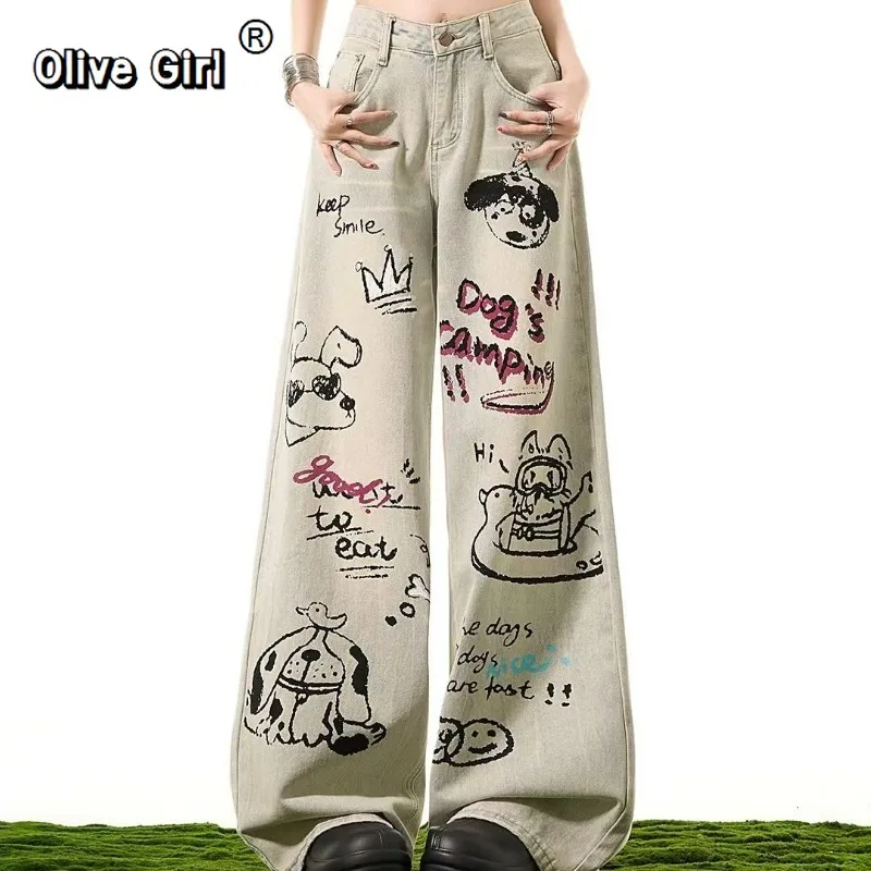 Olivegirl Retro Jeans Women's Pants Y2k Hiphop High Waist Wide Legs Loose Cartoon Graffiti Dog Cat Straight Leg Pants Trousers
