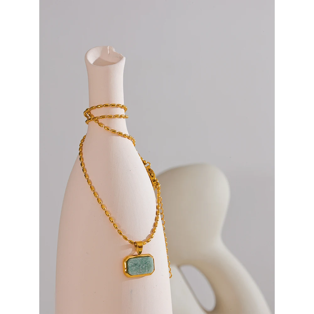 Yhpup Amazonite Square Natural Stone Stylish Pendant Stainless Steel Necklace Chic Exclusive Waterproof High Quality Jewelry
