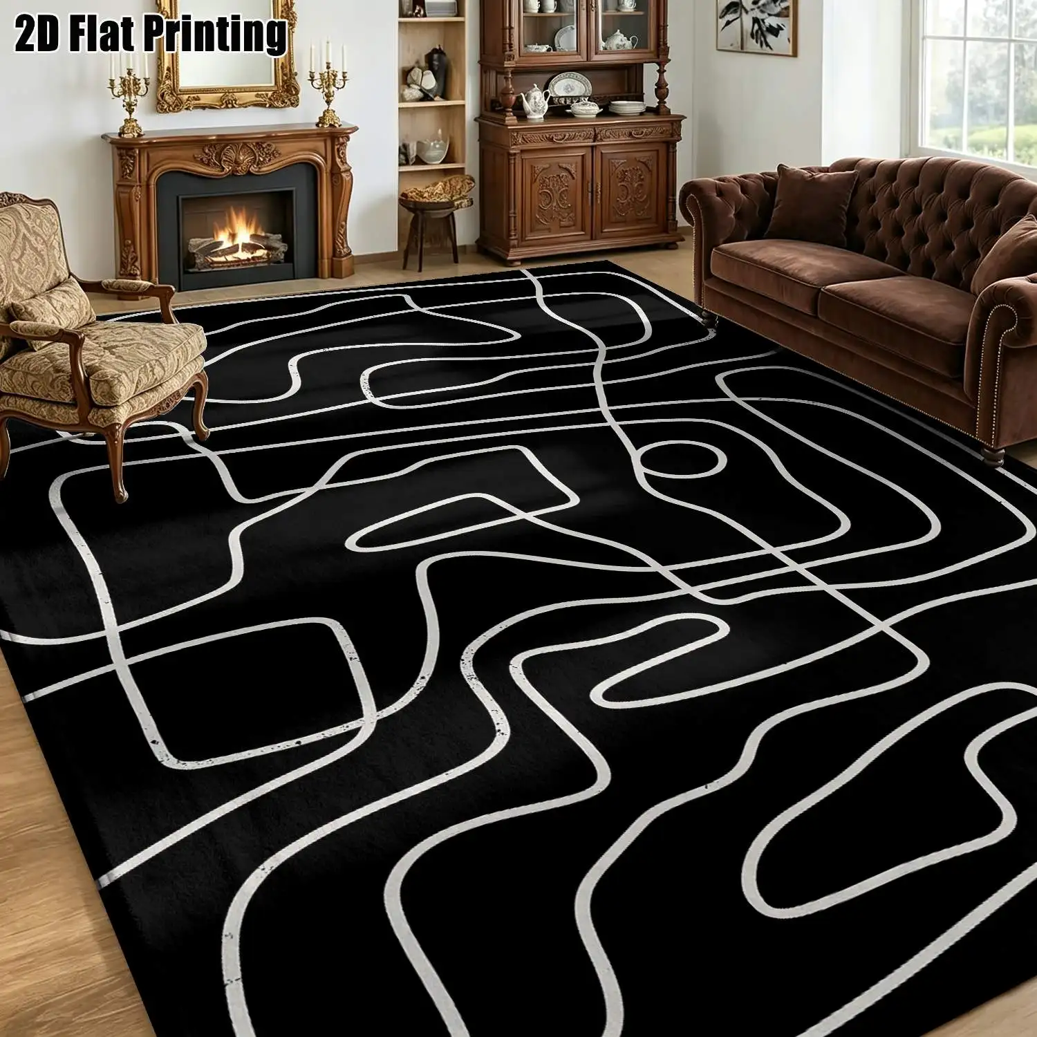 1Pc 2D Printed Black White Abstract Line Carpet, Nordic/Instagram Style Floor Mat, Modern Simple Geometric Striped Art Carpet, Home Decor, Multi-Size, Machine Washable For Entrance, Restaurant, Foyer, Bedroom, Living Room.