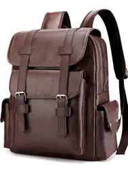 Vintage Style Men's PU Leather Backpack, Waterproof and Durable with Large Capacity for 14.7-inch Laptop, Ideal for Traveling