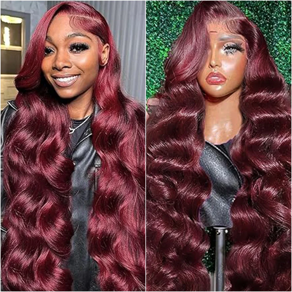 

200 Density 13x6 HD Lace Front Human Hair Wig 99J Burgundy Preplucked HD Transparent 13x4 Body Wave Human Hair Lace Frontal Wigs