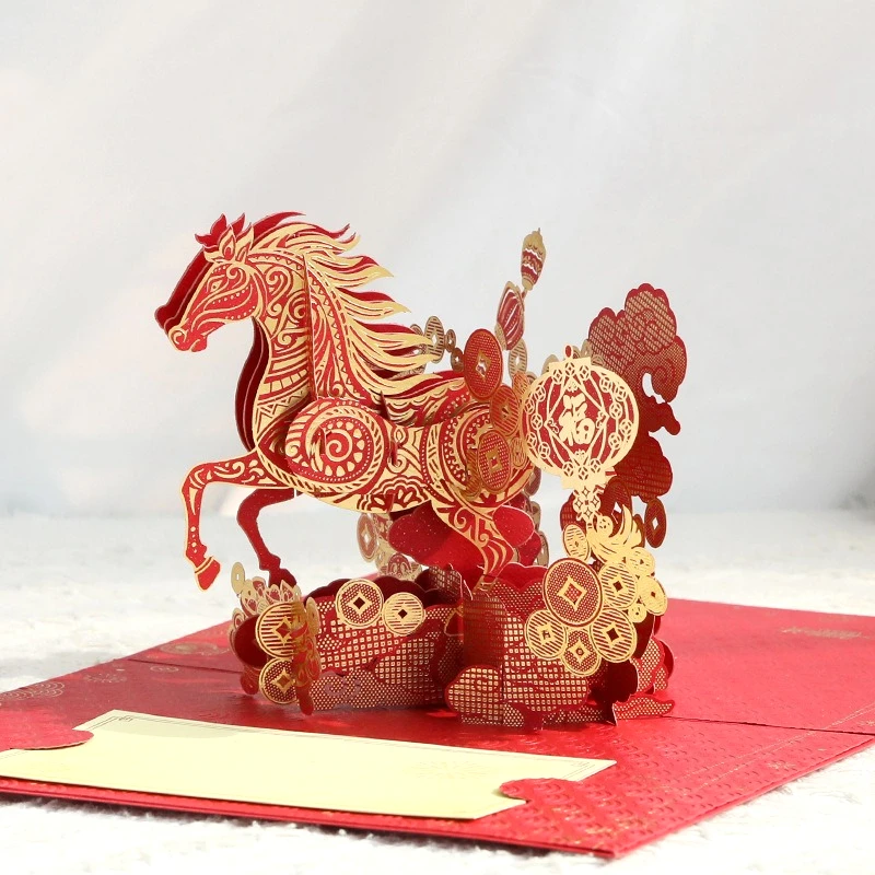 Jahr des Pferdes 2026 Mondneujahr 3D-Popup-Karte Golden Horse-Grußkarte mit Notizkarte und Umschlag Festivalzubehör