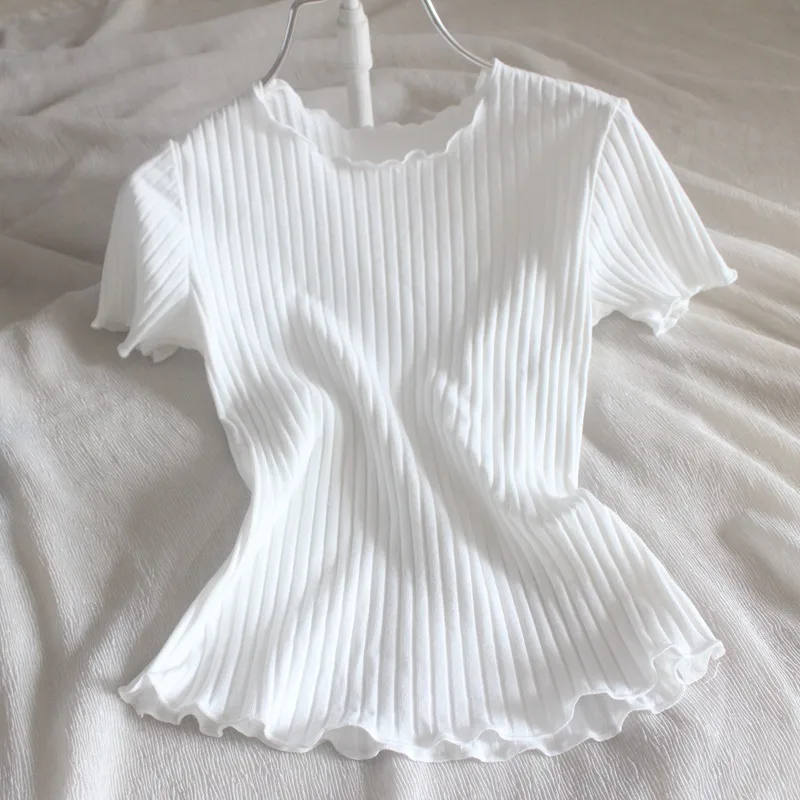 

White Cotton T Shirt Women Slim Fit Round Neck Summer Casual Stretchy Short Sleeve tops