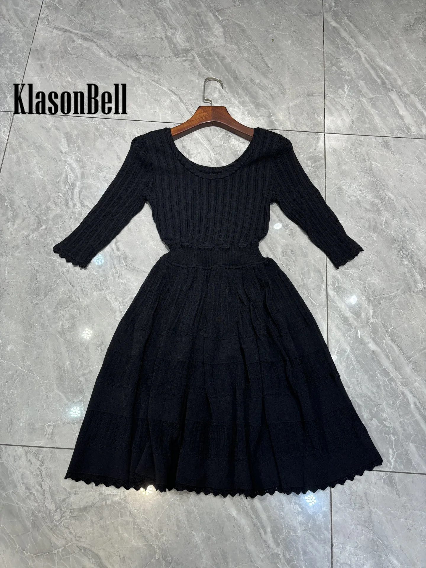 9.19 KlasonBell Women\'s Elegant Sweet O-Neck Half Sleeve Knitted Dress Collect Waist Spliced A-Line Mini Dress