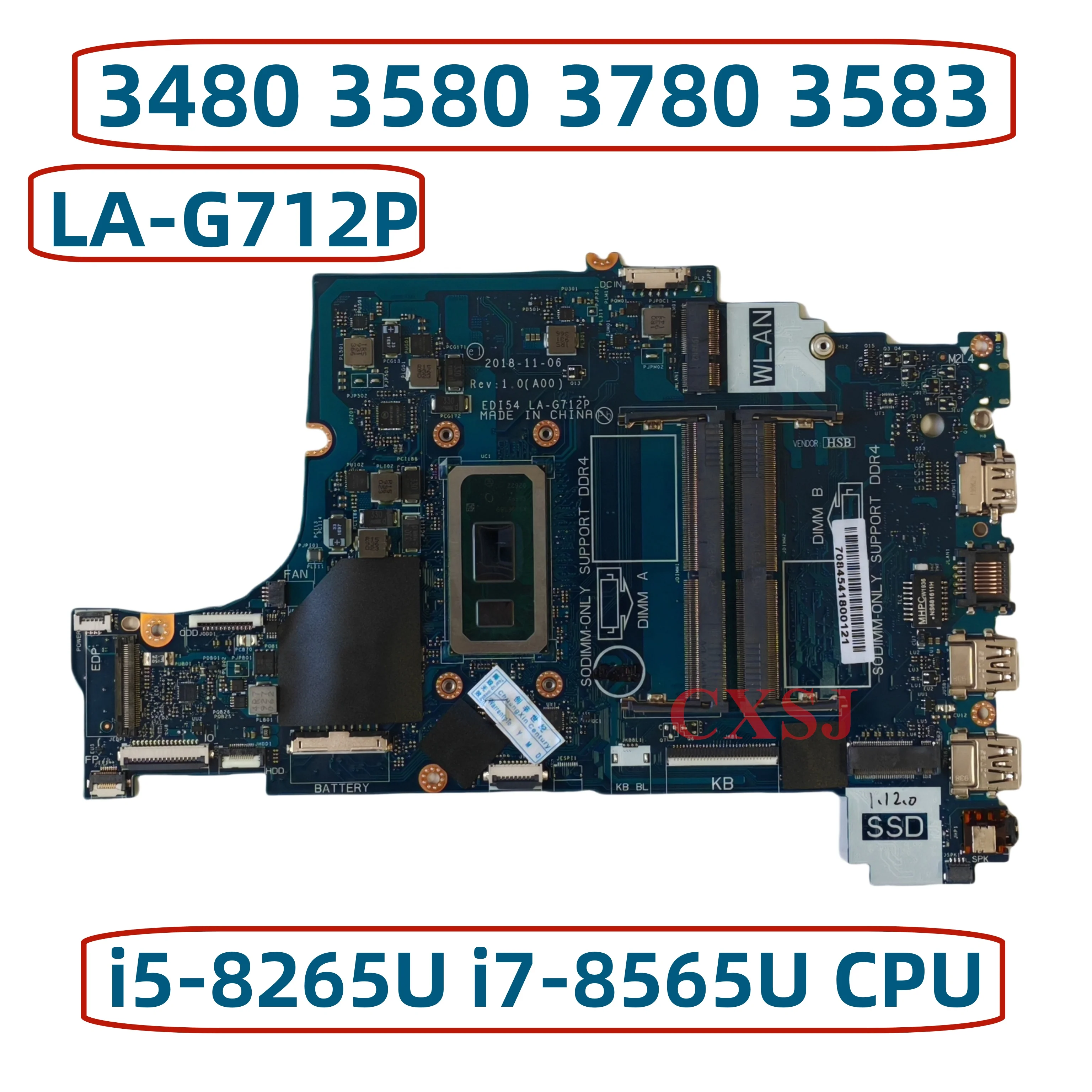 EDI54 LA-G712P For Dell 14 3480 15 3580 3780 3583 Laptop Motherboard With i3-8145U i5-8265U i7-8565U CPU UMA DDR4 0VFMW4