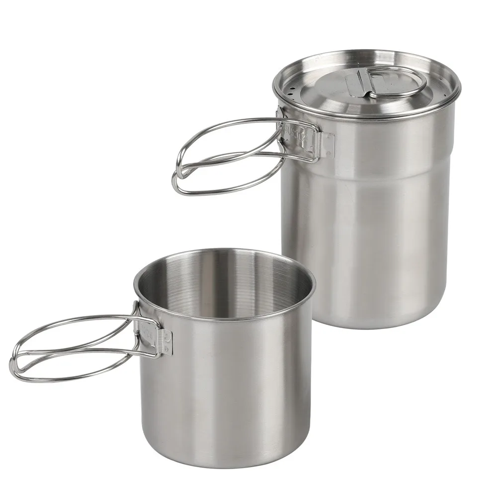 

Durable With Foldable Handles Stainless Steel Cookware Set Lightweight Silver Camping Cup Camping Cookware Camping