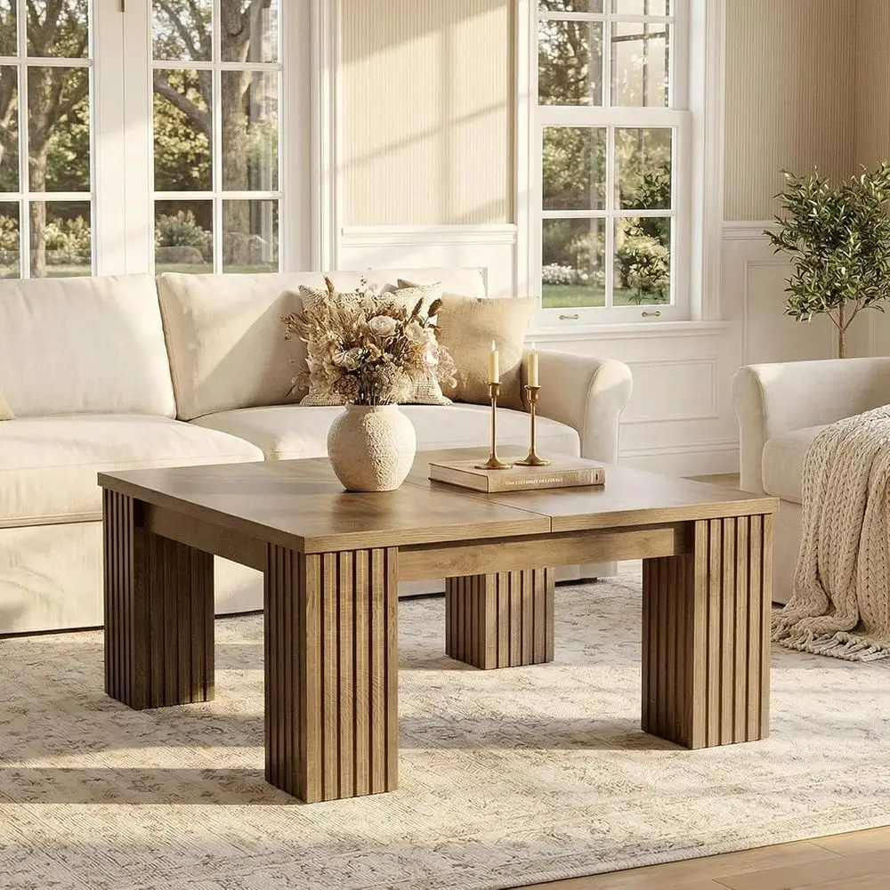 

39 Light Brown Rustic Square Coffee Table with Lattice Legs for Living Room, Easy Assembly