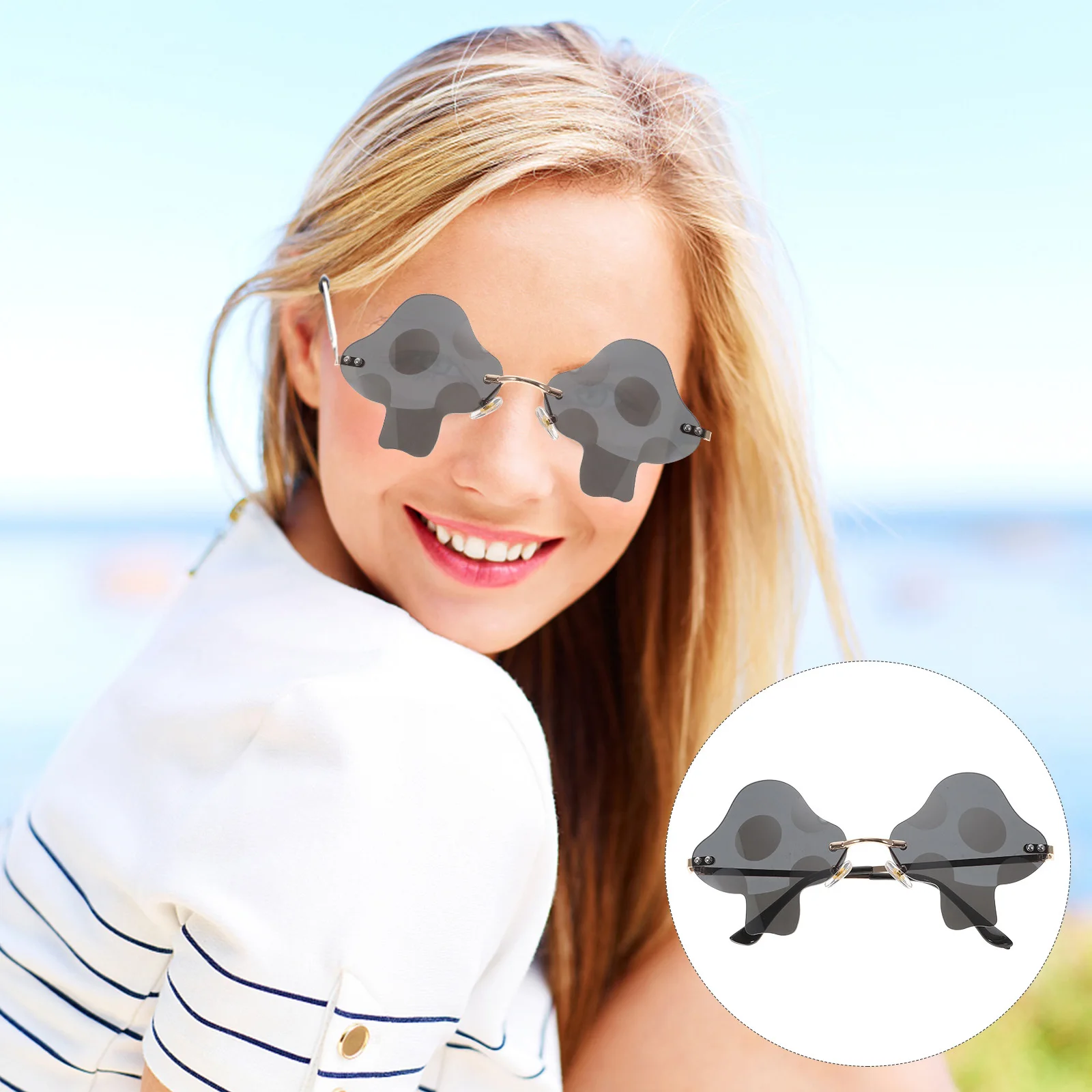 

1Pair Rimless Sunglasses Disco Party Eyeglasses Unique Mushroom Design Trendy Beach Festival Wear Cool Stylish