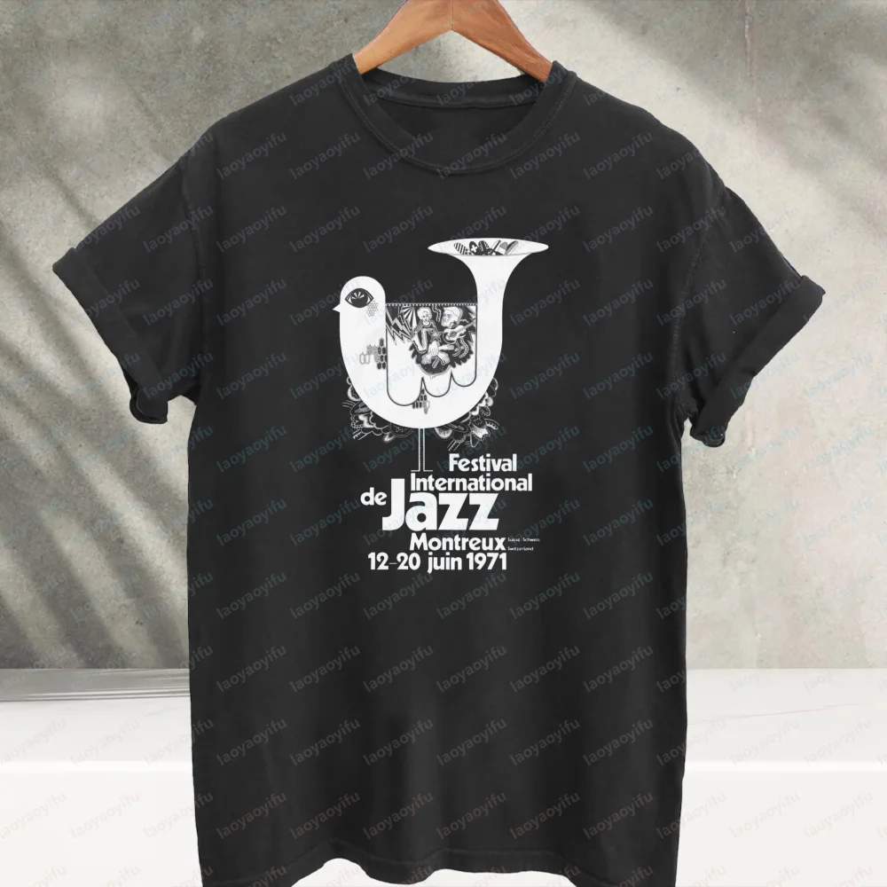 Montreux International Jazz Festival 1971 Retro Vintage Poster Graphic T‑Shirt Classic Music Bird Horn Art Cotton Casual Tee Top