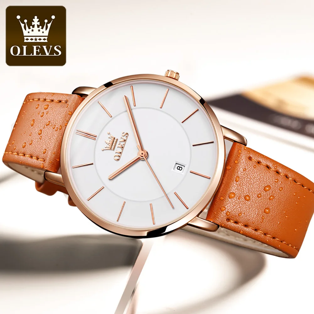 OLEVS 5869 reloj de cuarzo ultrafino de 6,5mm para hombre, correa de cuero de moda, reloj de pulsera Simple de lujo con fecha automática, reloj de pulsera resistente al agua para hombre