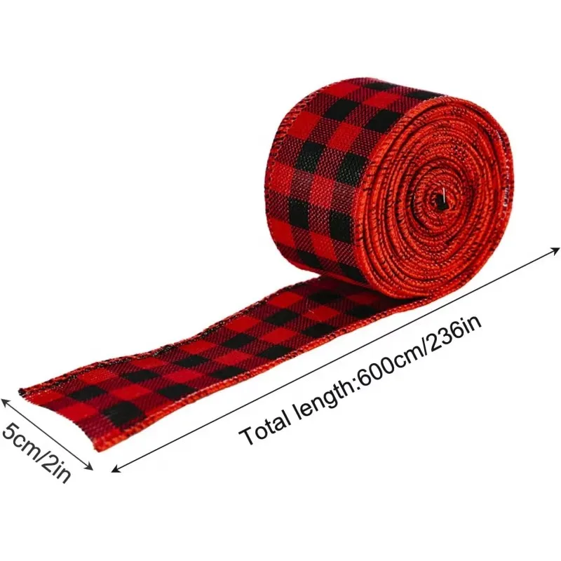 6 Meters Gingham Pattern Ribbon, Christmas Plaid Wired Ribbon for Craft Bouquet Wreath Baking Packing