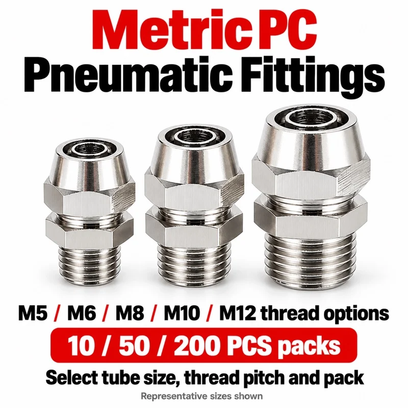 Metric PC Pneumatic Screw Fittings M5 M6 M8 M10 M12 Thread Tube Connectors 10 50 200PCS Packs for DIY Pneumatic Tube Assembly