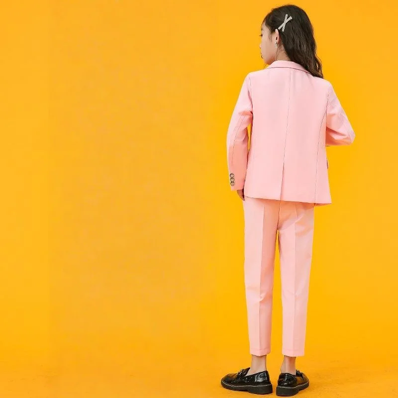 Girls Formal Pink Wedding Suit Kids Jacket Pants 2PCS Party Photograph Set Teenager Child Tuxedo Party Dress Dance Show Costume