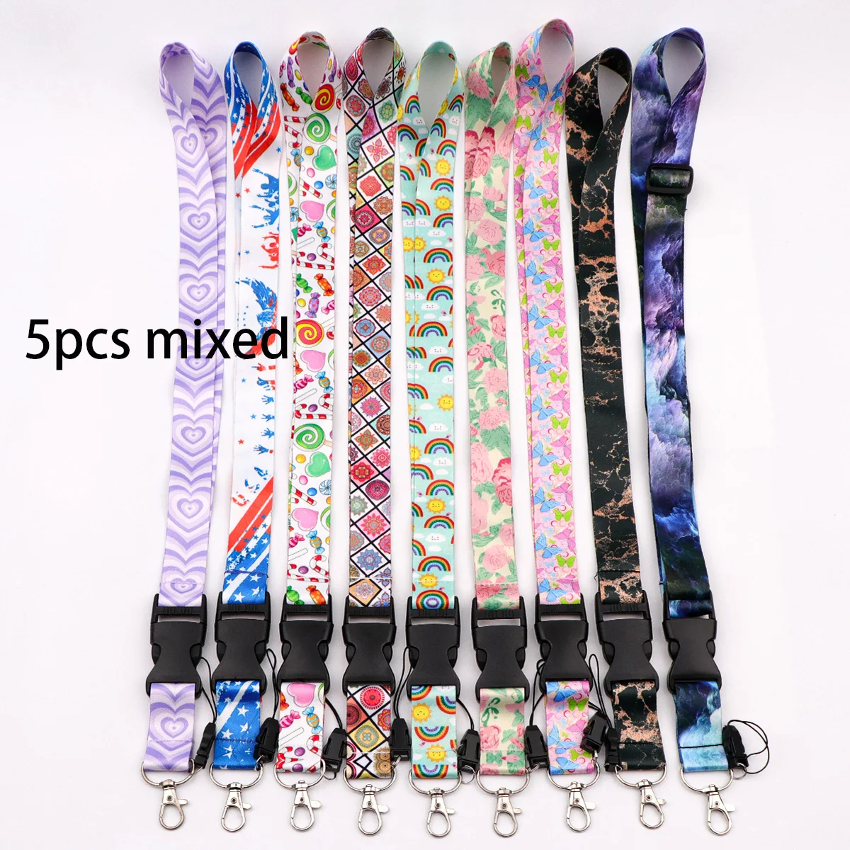

5pcs Mixed Simple Pattern Lanyard with Buckle for Key ID Card Gym Cell Phone USB Badge Holder Rope Keyring Accessories Gifts