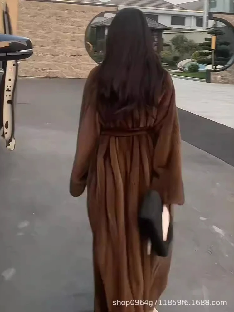 Autumn Winter Long Thick Warm Maillard Brown Faux Mink Fur Coat Women Sashes Luxury Elegant Loose Fluffy Overcoat 2025 New