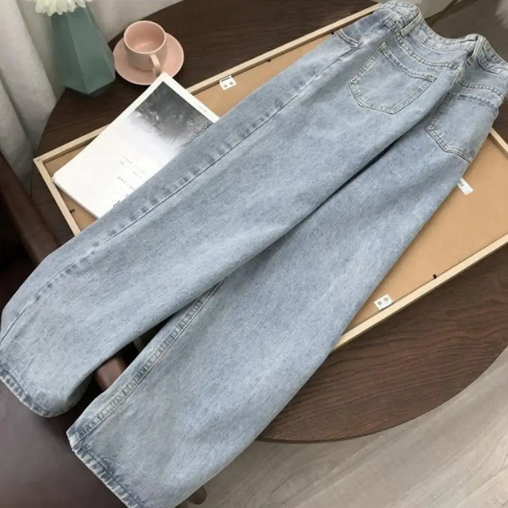 Jeans de perna larga retrô de cintura alta feminino com bolsos, fechamento de botões, monocromático, zíper, streetwear para A