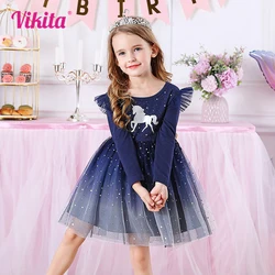 VIKITA Unicorn Kids Dresses For Girls Flying Sleeve Cotton Princess Girls Dress Winter Children Birthday Party Girls Clothing