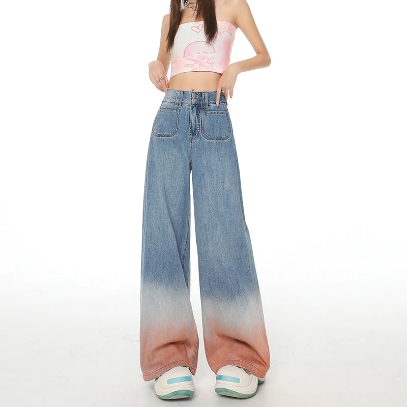 

2025New autumn gradient color high-waisted loose wide-leg jeans for women, slimming straight loose floor-length pants