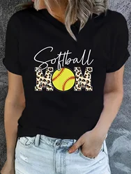 Softball Mom Leopard Fun Baseball Mom Mother's Day 2024 T-shirt Summer New Round Neck Short Sleeve Women's Top