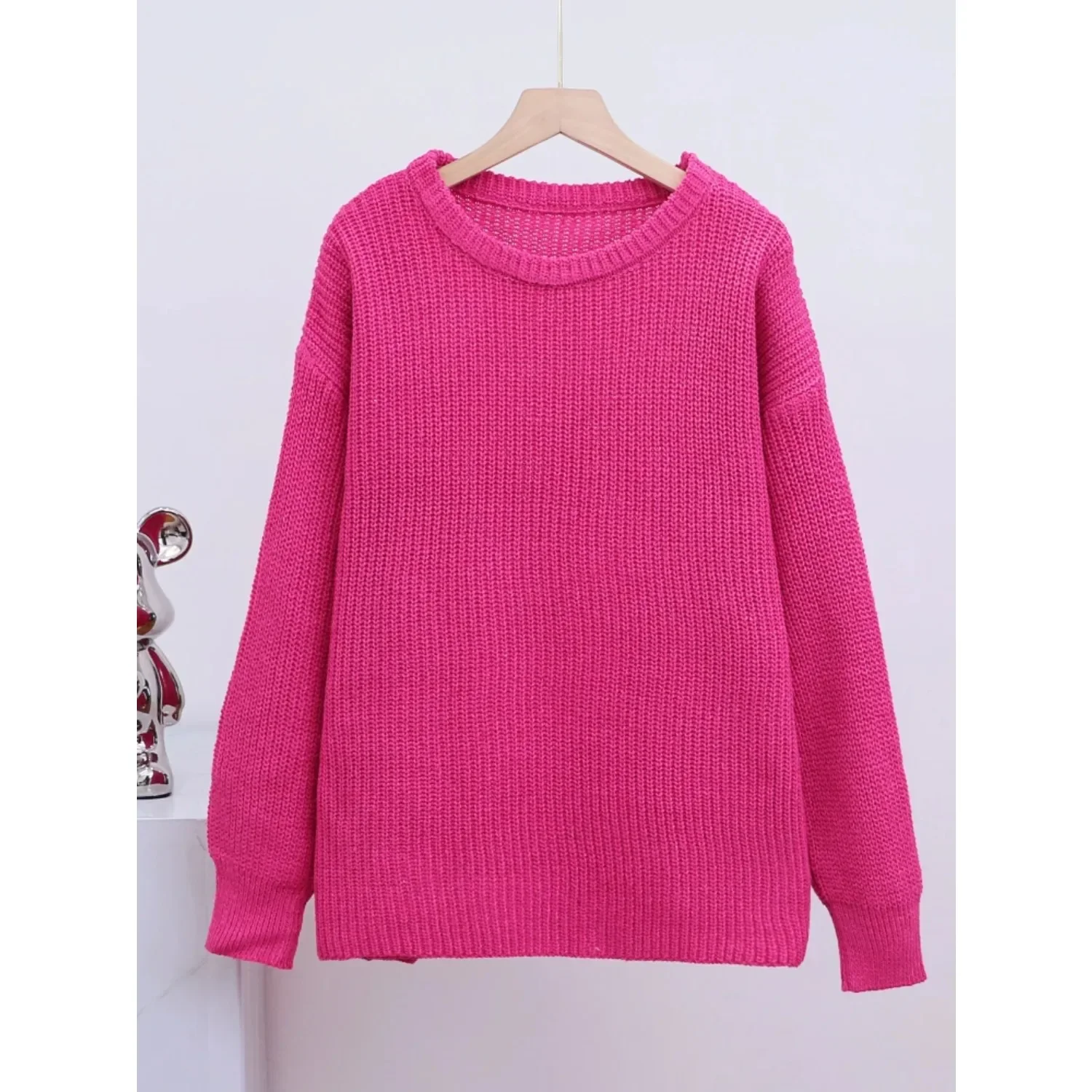 เสื้อสเวตเตอร์ผู้หญิงแขนยาวสีพื้นเรียบง่าย คอทรงกลม ถักนิตติ้ง สีพื้น ทรงหลวม สำหรับฤดูใบไม้ร่วง