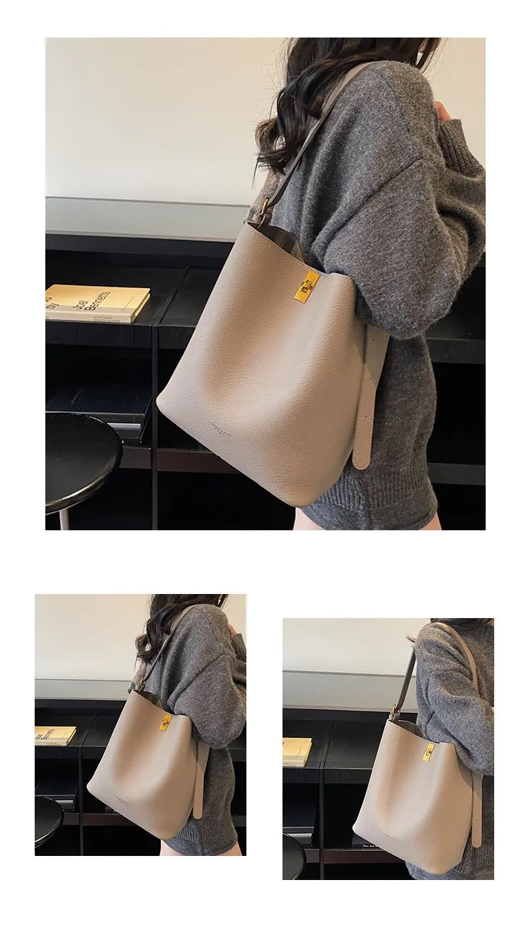 Minimalistische Kamelbraune Kunstleder-Bucket-Bag, genarbte Textur mit Schlossakzent, vielseitige Alltagstasche für Arbeit & Ausflüge – Detail 2