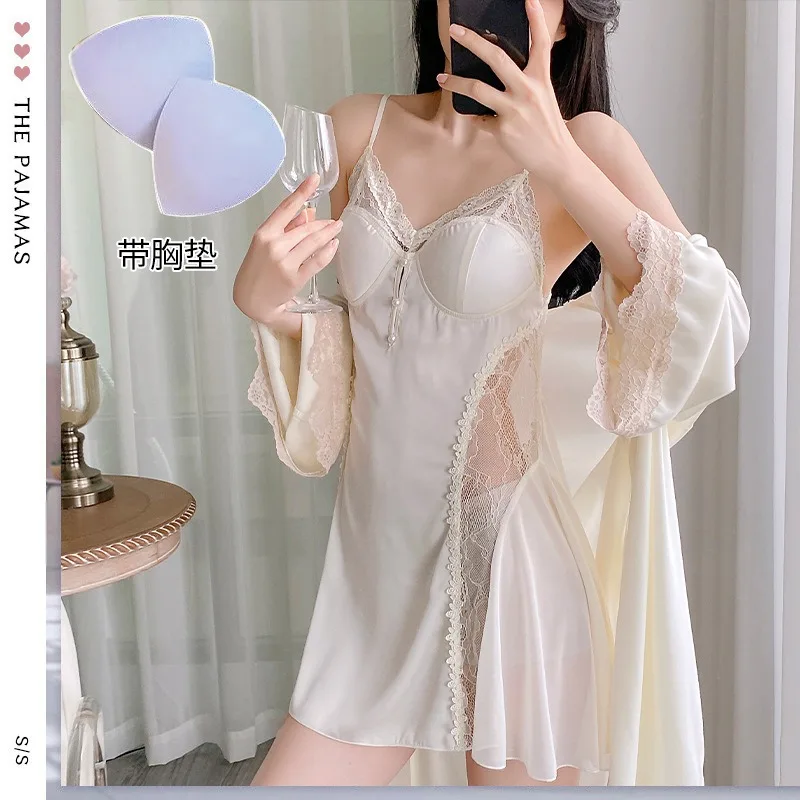 

Silky Satin Bride Wedding Robe Dressing Gown Spring Summer New Female Palace Style Nightgown 2PCS Robe&gown Suit Loose Sleepwear