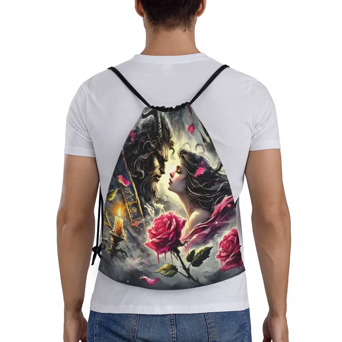 حقيبة ظهر برباط من فيلم بيوتي آند ذا بيست أنيمي حقيبة رياضية للصالة الرياضية قابلة للطي حقيبة تسوق كرتونية رومانسية خيالية