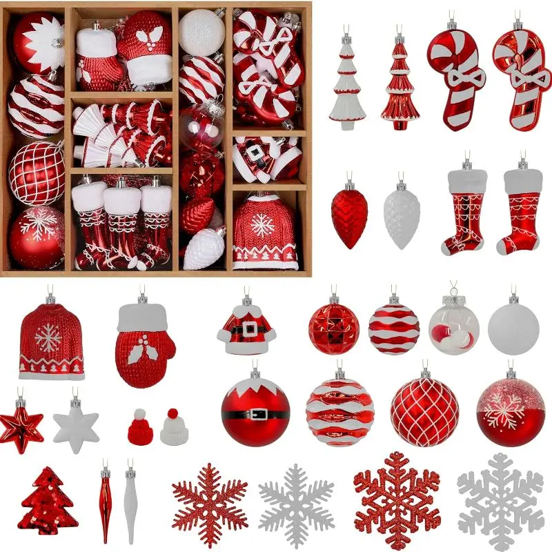 

85pcs Christmas Tree Ornaments Set Red&White Classic Round Baubles with Snowflakes, Bells Pine Cones Plastic Hanging Decorations