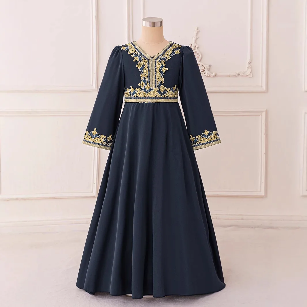 Children Girls Embroidery Long Dress Islamic Child Clothes For Kids Eid Ramadan Long Sleeve Robe Masquerade Party Maxi Gown
