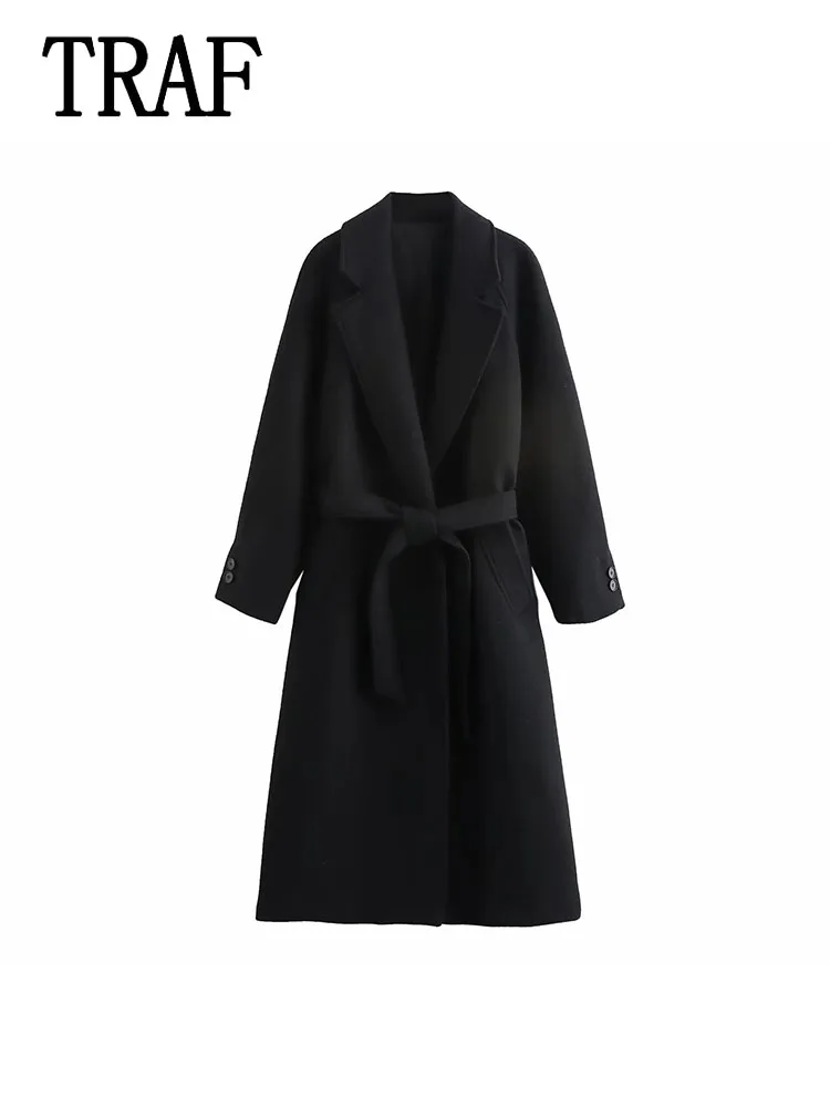 TRAF Cappotto casual da donna Cappotto doppiopetto a maniche lunghe Cappotto lungo da donna con colletto rovesciato solido