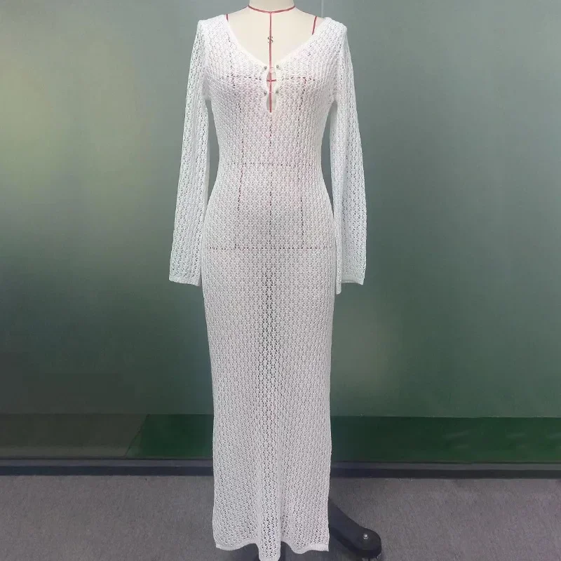 Robe longue tricotée à manches longues pour femmes, crochet élégant, évider, plage, vacances, fête, smock d'été, 2024