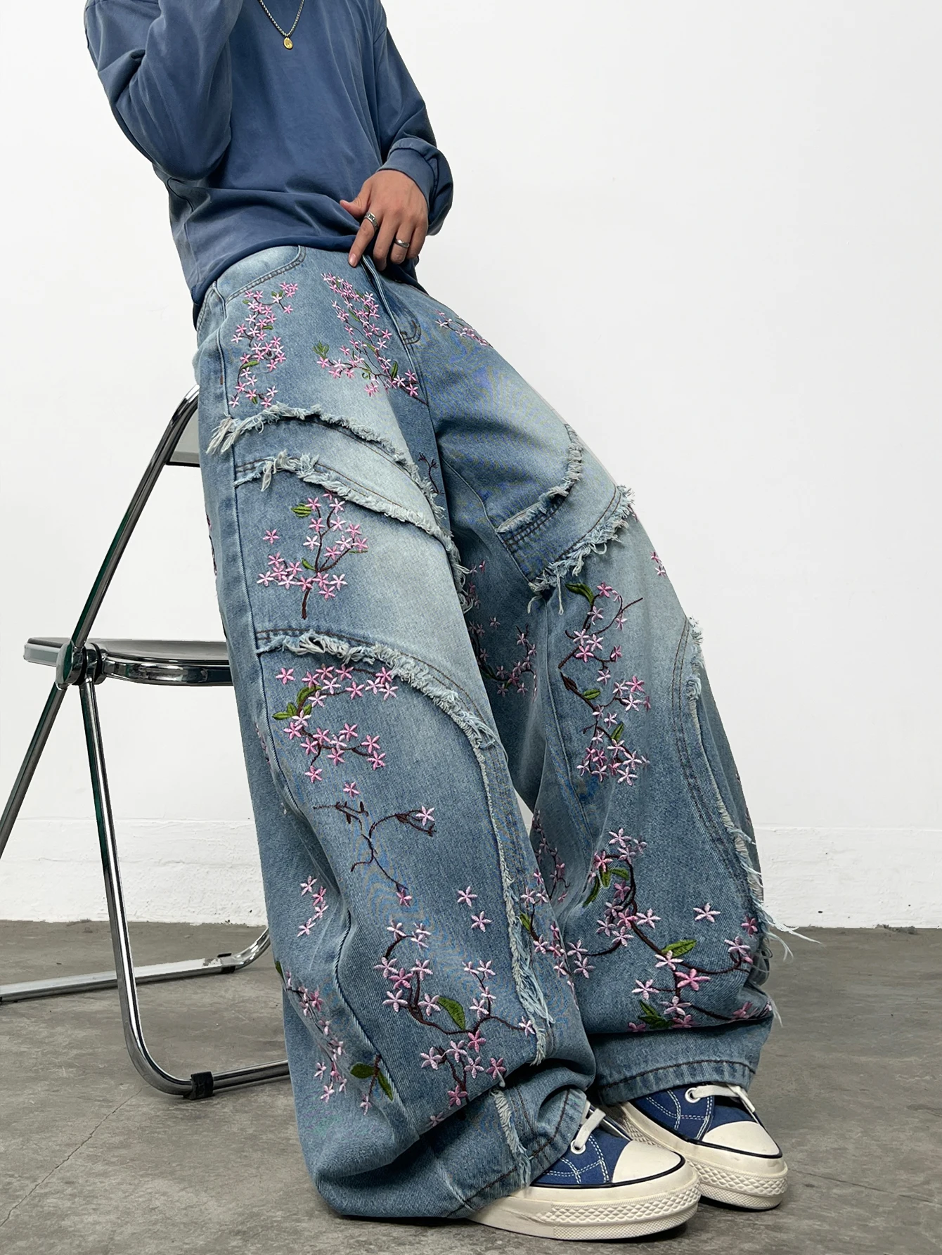 American Retro Patchwork Frayed Floral Embroidered Blue Men's Loose Cocoon-Shaped Jeans Y2K Street Trend Fashion Versatile Pants