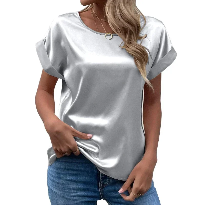 Office Lady Short Sleeve Satin Blouse Loose Casual Round Neck Solid Shirts Fashion 2024 Summer Elegant Tops Women Clothing 25084