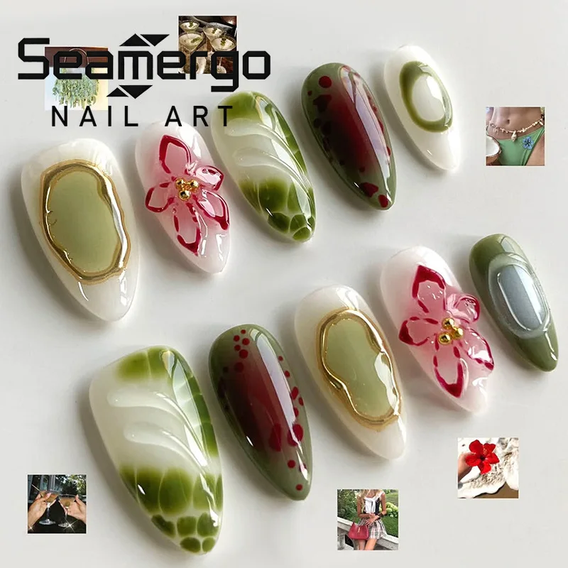 

24PCS Green Patterns French Nail Tips Red 3D Flower with Golden Almond Press on Nails Full Cover Wearable Fake Nails Fashionable