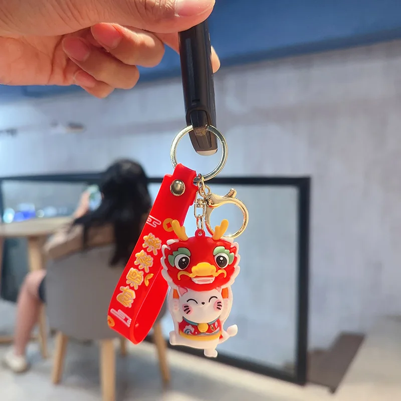 Ano novo chinês Waking Lion Head Chaveiro, Acenando Gato, Desenhos Animados, Bonito, Schoolbag Decoração, Encantos, Presentes festivos, Divertido