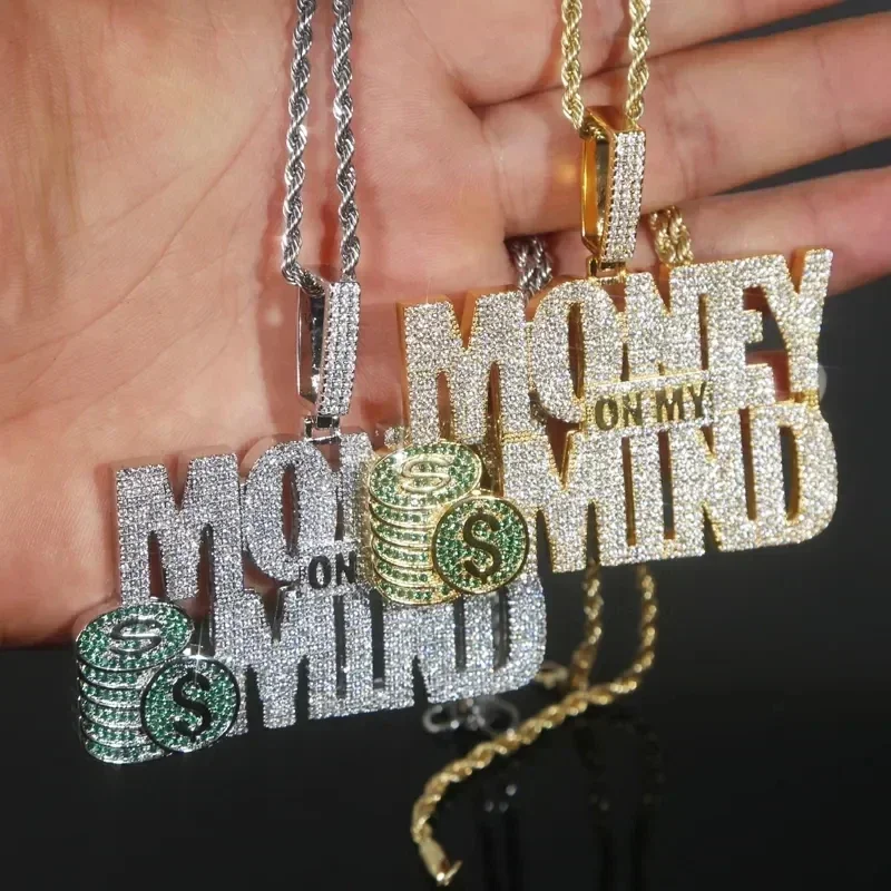 

2025 New Men Boy Jewelry Shiny Green Enamel Cubic Zircon CZ Money On My Mind Pendant With Rope Chain Hip Hop Necklace
