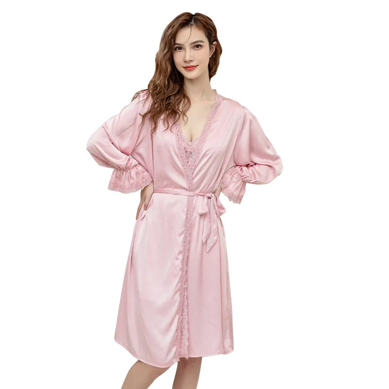 Set jubah Twinset renda seksi Perancis Kimono wanita jubah mandi Satin baju tidur baju tidur longgar pakaian rumah baju tidur Gaun panjang