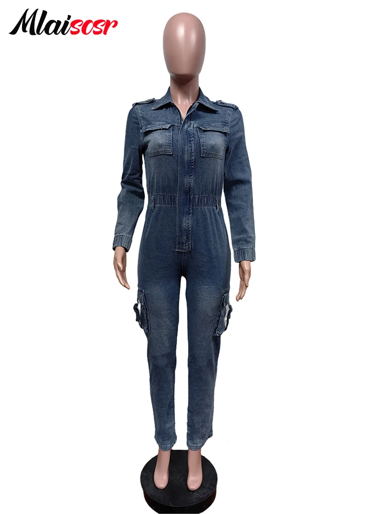 Mlaiscsr Denim Stretch Jumpsuits Women Winter Zipper Long Sleeve Elastic Waist Pocket Cargo Jeans Rompers One Pieces Overalls