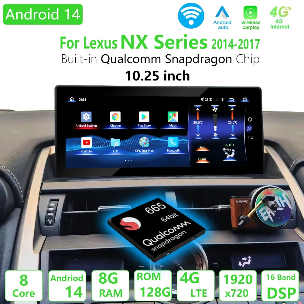 For Lexus NX300H NX200 2014-2017 Qualcomm Chips Android 14 Car Navigation GPS Multimedia Carplay Auto 10.25inch HD Screen Player