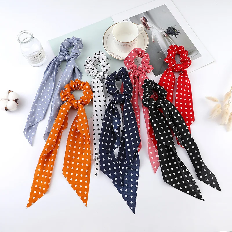 Fashion Flower Print Bow Satin Long Ribbon Ponytail Scarf Tie Scrunchies Women Girls Elastic Bands Hair Accessories