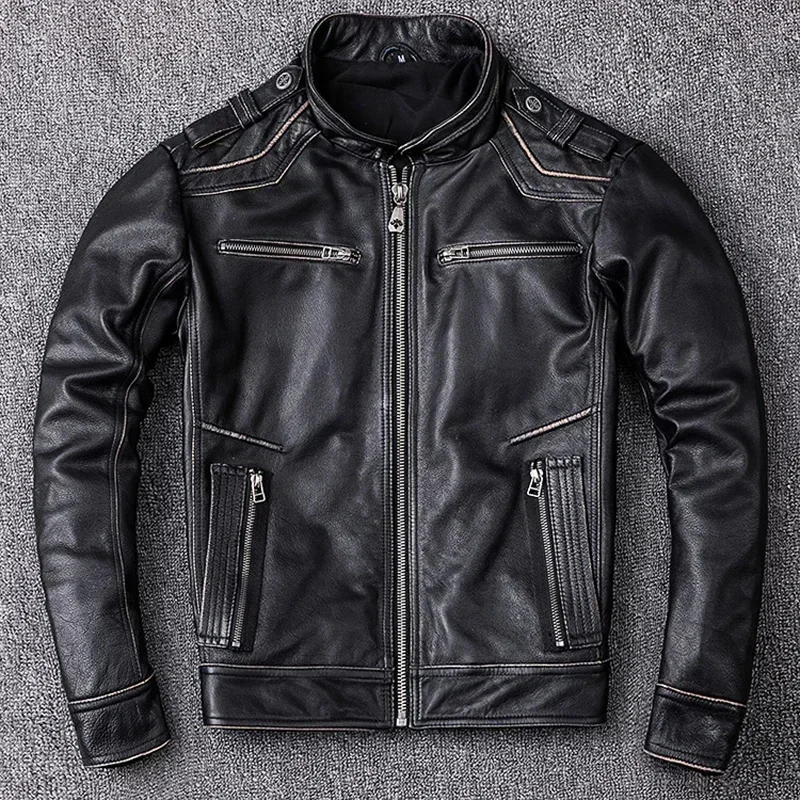 Distressed Leather Jacket Men Vintage Motorcycle Jackets 100% Natural Cowhide Men's Motorbiker Coat Autumn Asian Size M202